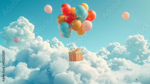 Dreamlike scene of balloons carrying a gift across the clouds, ideal for festive and celebratory concepts