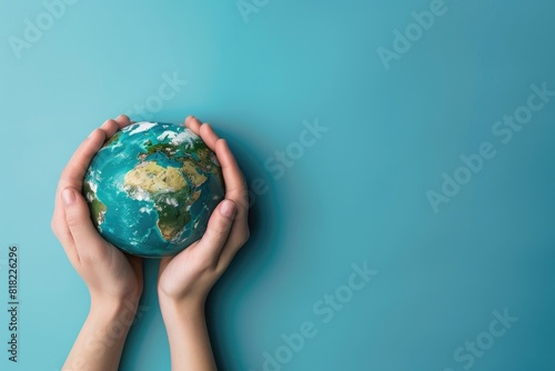 World Environment Day  Earth globe in woman s hands on a blue background