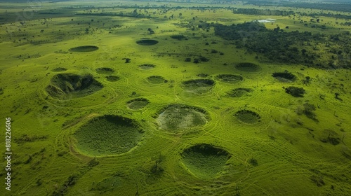 A wondrous and inexplicable sight of lush green circles in an otherwise unforgiving landscape leaving observers in awe.