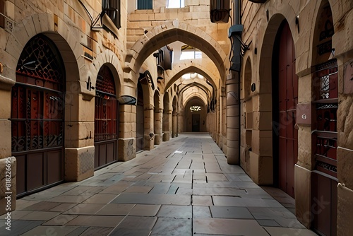 Jerusalem Christian Quarter. Suq Aftimos, the ceremonial gateway to the Muristan in the Old City in Jerusalem, Israel. The site was the location of the first hospital of the Knights Hospitaller during photo