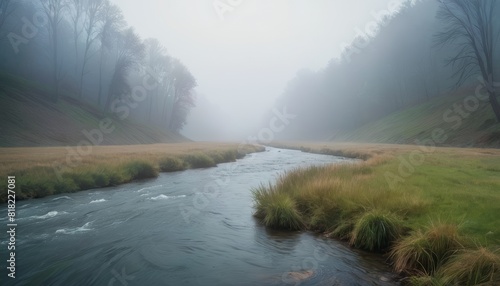 A gentle river meanders through a misty, golden-hued autumn landscape with bare trees.