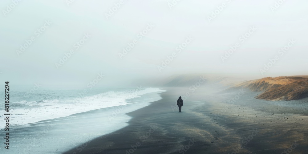A person walking on a beach with negative space