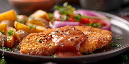 Breaded schnitzel with spicy paprika-tomato sauce, served with vegetables and potatoes or fries. Concept Schnitzel, Paprika-Tomato Sauce, Vegetables, Potatoes, Fries