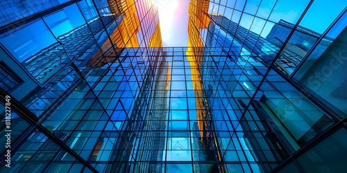 View of modern skyscrapers with mirrored windows on a sunny day. Concept Cityscape, Skyscrapers, Modern Architecture, Mirrored Windows, Sunny Day