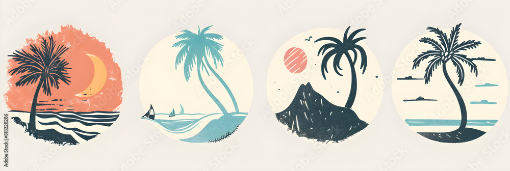 Tropical hand-drawn illustrations and surfing concept for logo and print design templates, perfect for summer vacation and travel themes. Tropical hand-drawn illustrations and surfing concept for logo and print design templates, perfect for summer vacation and travel themes.