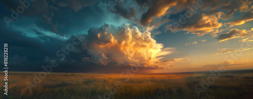 Supercell thunderstorm over the Great Plains, with dramatic clouds and vibrant sunset lighting the landscape