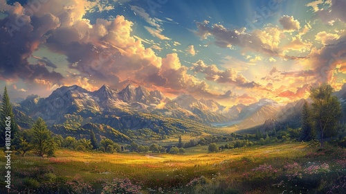 landscape of mountains bathed in the golden hues of sunrise, with a clear blue sky and wispy clouds above © INK ART BACKGROUND