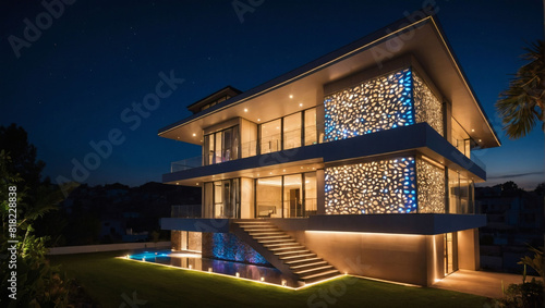 Modern Architectural Elegance  House Facade Illuminated by LED Light Strip