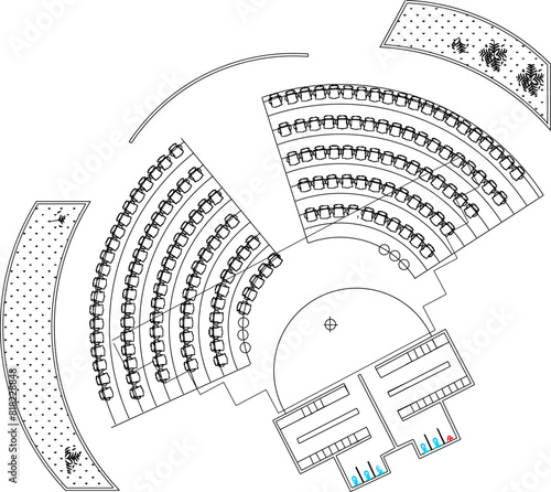 Sketch illustration vector design of architectural floor plan of open auditorium for performance stage