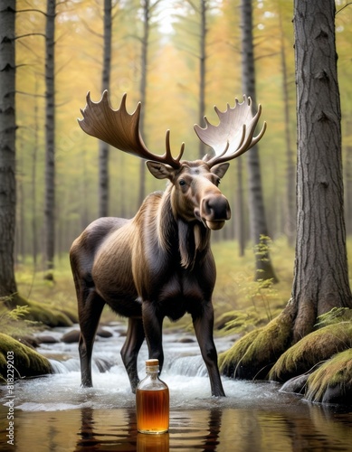 A whimsical depiction of a large moose standing in a forest stream, a bottle of whiskey at its hooves, surrounded by autumnal trees. © video rost