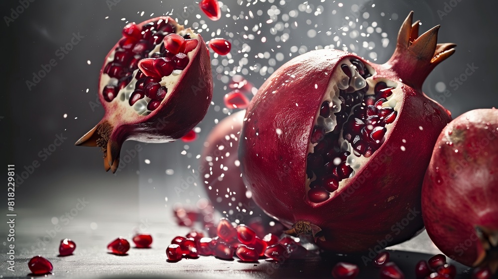 Dark Red Pomegranate Exploding, Ruby Seeds Floating, Stark White Contrast Dark Red Pomegranate Exploding, Ruby Seeds Floating, Stark White Contrast