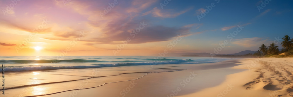 A serene panoramic view of a beach during sunset with waves gently touching the shore and palm trees in the distance A serene panoramic view of a beach during sunset with waves gently touching the shore and palm trees in the distance