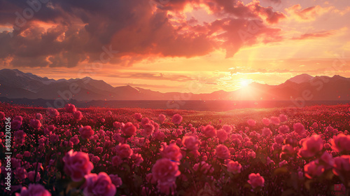 Serene Sunset Over Blossoming Rose Field