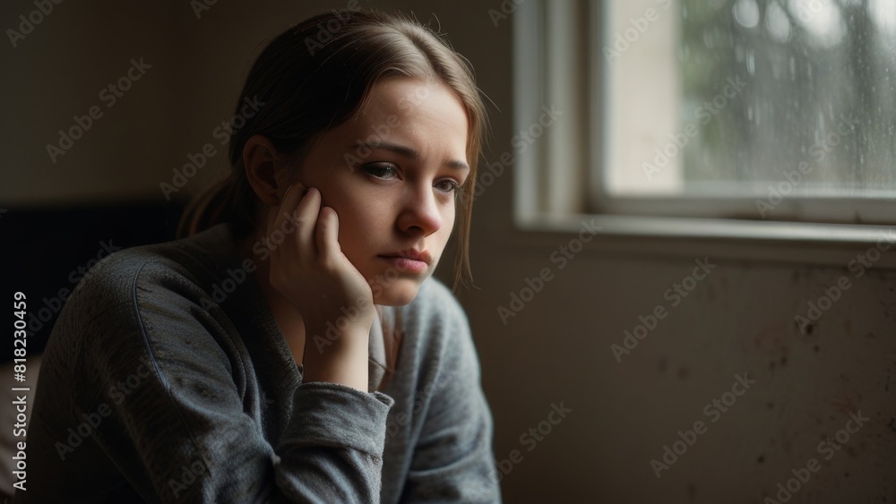 A sad girl in depression at home, copy text, banner A sad girl in depression at home, copy text, banner