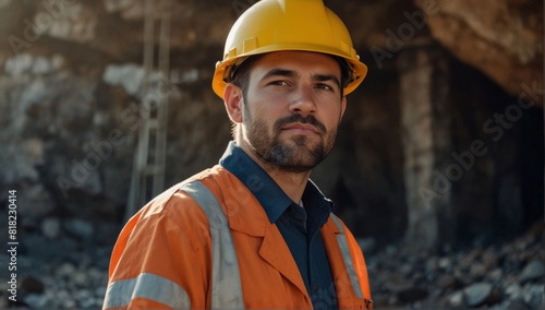 Worker with helmet. A mining engineer at a mine site. copy text, banner 
