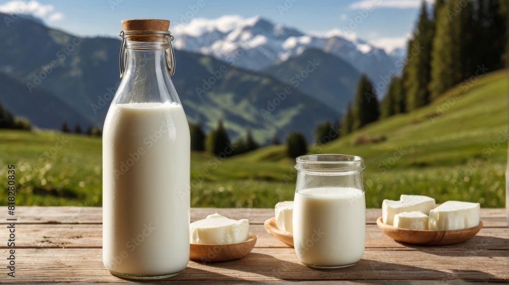 Glass bottle of fresh milk on a wooden table, Alpine hills in the background. Natural eco farm concept Glass bottle of fresh milk on a wooden table, Alpine hills in the background. Natural eco farm concept