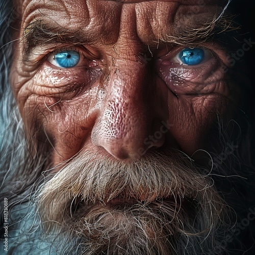 Elderly man's face with a deep, contemplative gaze. Ideal for themes of wisdom, experience, and the passage of time. photo