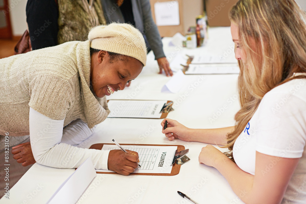 Obraz premium Women, sign up and clipboard for charity, volunteer or kindness at church for care with accountability. Group, checklist and donation to community for commitment, support or choice for call to action