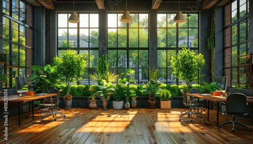 Interior of an office room with wooden floor, chairs and table. Created with Ai