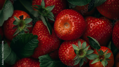 Close-up of fresh strawberry captured with their intense red hues and shiny texture. Summer fruit