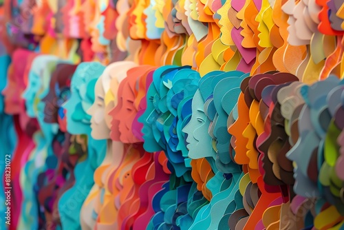 Crowd of paper cut outs, colorful diversity, vibrant scene