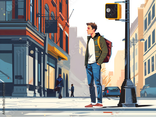 Vibrant Urban Street Scene on a Sunny Day: Thoughtful Young Man in Casual Attire with Backpack, Modern and Classic Architecture Blend of Buildings with Large Windows photo