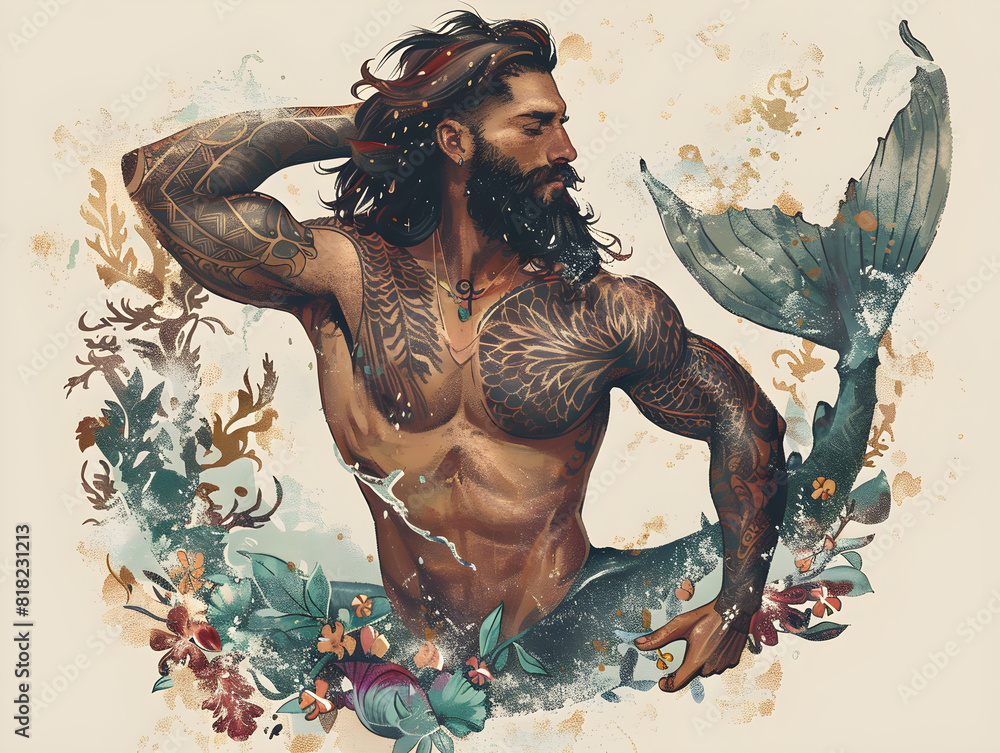 Ocean Merman Intricate and Creative Illustration of a Handsome Male Merman: Ocean ...