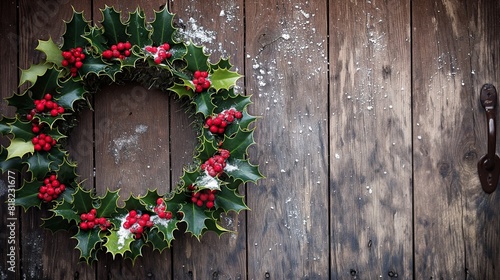A traditional holiday wreath made of holly and red berries, hanging on a rustic wooden door with a light dusting of fresh snow. 32k, full ultra HD, high resolution