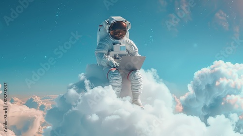 A man in a spacesuit is sitting on a cloud and using a laptop