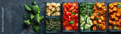 A contemporary setup of a vegan meal prep station, containers of cut vegetables and seasoned tofu ready, set on a polished concrete slab, ambient light accentuating the natural col photo