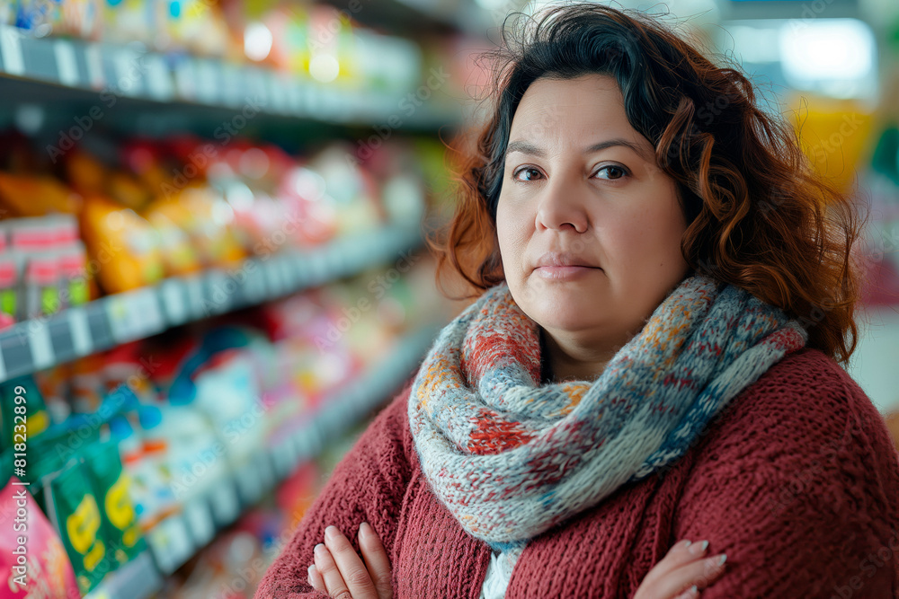 a very pretty very fat woman with an embarrassed look on her face in a supermarket in front of a shelf with sweets a very pretty very fat woman with an embarrassed look on her face in a supermarket in front of a shelf with sweets