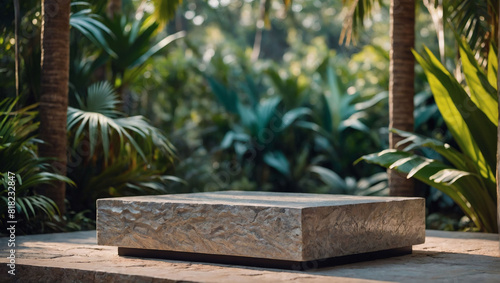 Modern Stone Platform for Cosmetics Advertisement Surrounded by Tropical Greenery