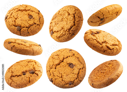 Collection of oatmeal cookies isolated on a transparent background, from different angles.