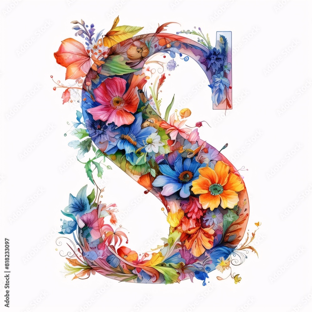 Colorful letter S of the English alphabet with summer flowers and butterflies