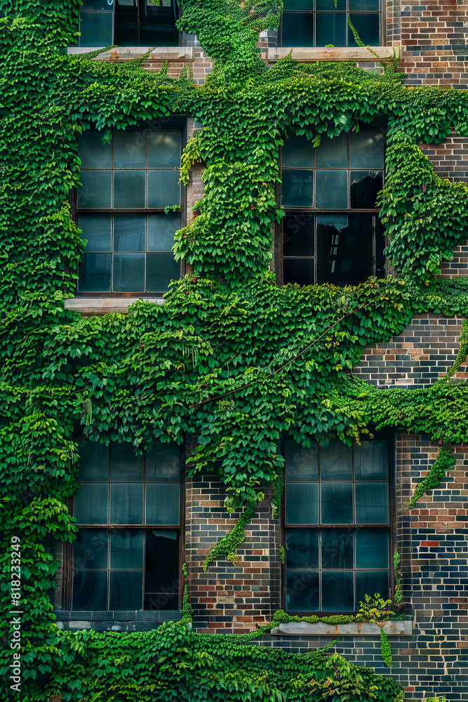 Urban Building Covered with Green Ivy Vines on Brick Exterior Wall Urban Building Covered with Green Ivy Vines on Brick Exterior Wall