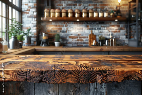 Closeup of a wooden kitchen table. Created with Ai