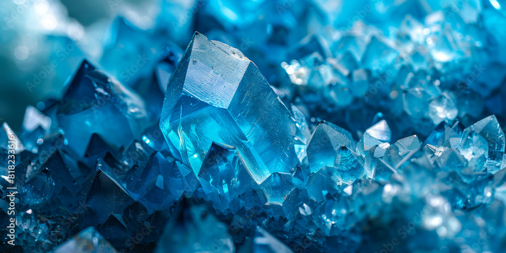 Close up of Vivid Blue Crystals Shining with Natural Light and Intricate Geometric Patterns Close up of Vivid Blue Crystals Shining with Natural Light and Intricate Geometric Patterns
