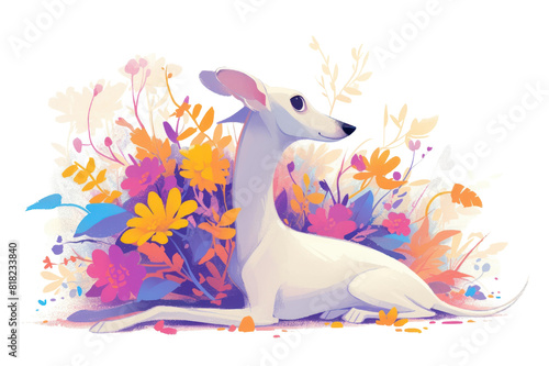 Whippet, cute cartoon character with bouquet, single object, Di-Cut png style, isolated on white background © wasan