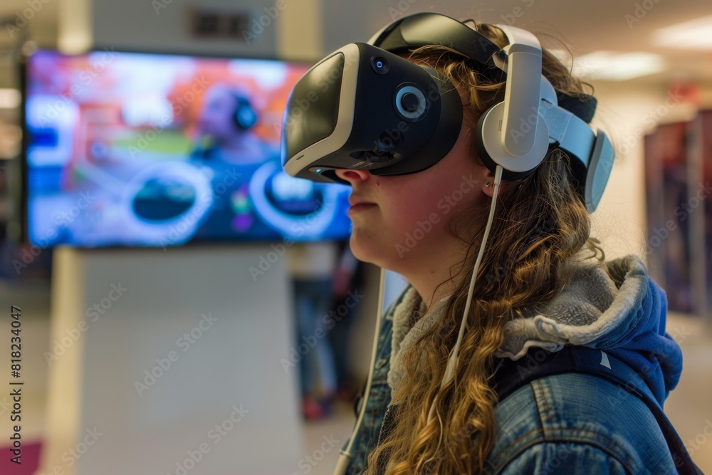 Woman wearing a virtual reality headset in front of a television Woman wearing a virtual reality headset in front of a television