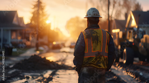 Construction worker, road building, looking at sunset..