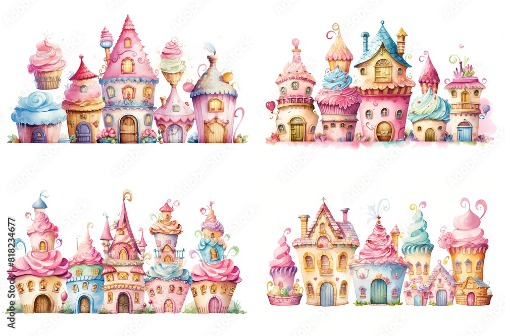 illustration watercolor cupcake and ice-cream house clipart collection set isolated on white background illustration watercolor cupcake and ice-cream house clipart collection set isolated on white background