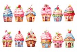illustration watercolor cupcake and ice-cream house clipart collection set isolated on white background