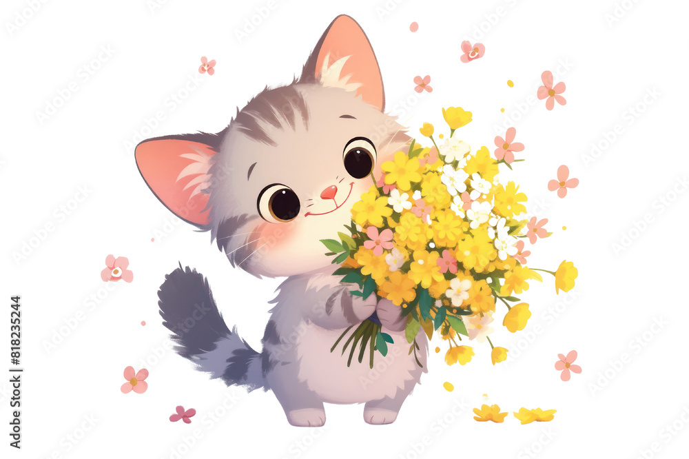 Chartreux, cute cartoon character with bouquet, single object, Di-Cut png style, isolated on white background Chartreux, cute cartoon character with bouquet, single object, Di-Cut png style, isolated on white background