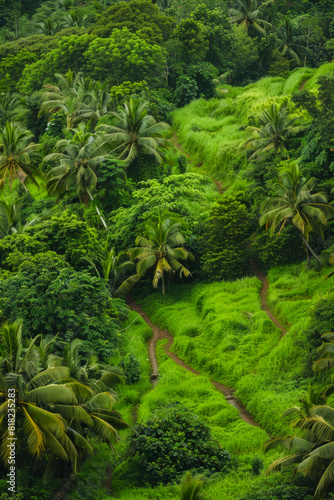 Lush Tropical Forest with Palm Trees and Winding Pathway in Verdant Greenery