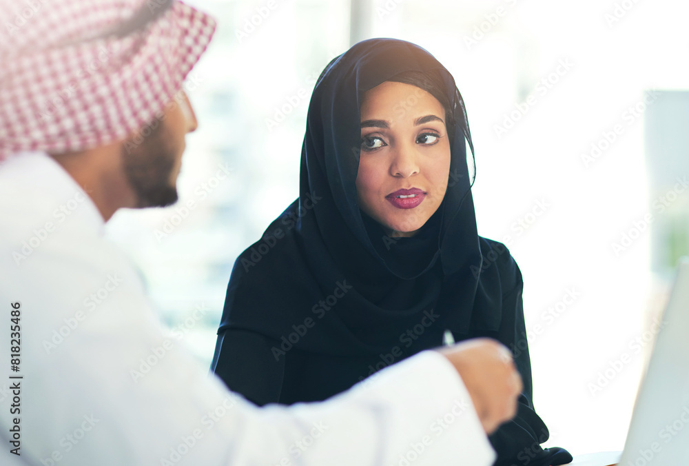 Discussion, muslim and business people in office for consultation, advice or client. Meeting, hijab woman and Arabic man with keffiyeh for asset management, listening or broker at Investment bank Discussion, muslim and business people in office for consultation, advice or client. Meeting, hijab woman and Arabic man with keffiyeh for asset management, listening or broker at Investment bank