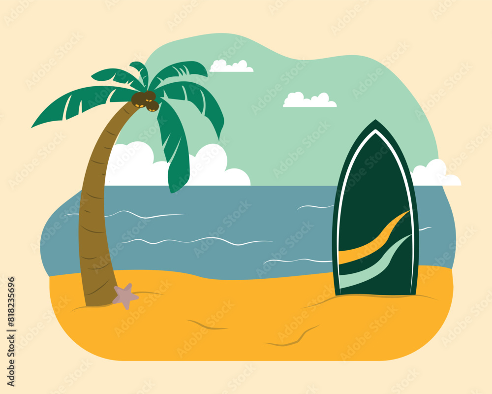 illustration of palm tree and surf board on the beach, summer design elements, summer beach background