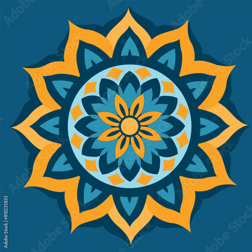 A beautiful symmetrical flower in turquoise and yellow tones creates a harmonious and sunny pattern that attracts attention with its brightness and decorativeness.