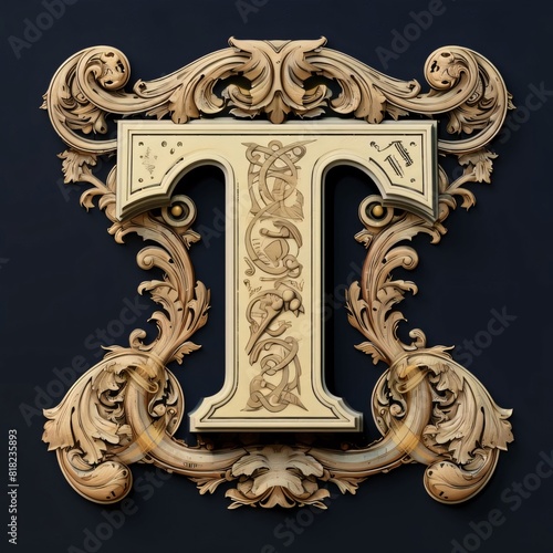 Luxury capital letter T with baroque ornament. 3D rendering
