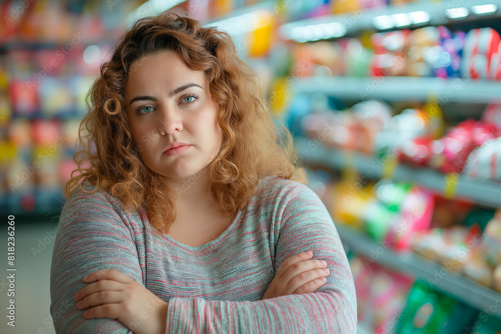 a very pretty very fat woman with an embarrassed look on her face in a supermarket in front of a shelf with sweets a very pretty very fat woman with an embarrassed look on her face in a supermarket in front of a shelf with sweets