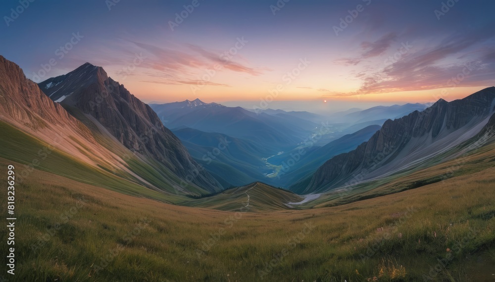 A breathtaking panoramic view of a mountain range during sunset, with undulating hills and a winding river below.